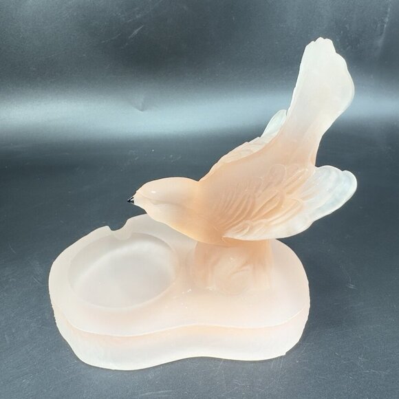 Vintage French Satin Frosted Peach Pink Glass Bird Ashtray Dish Trinket Holder - Picture 6 of 12